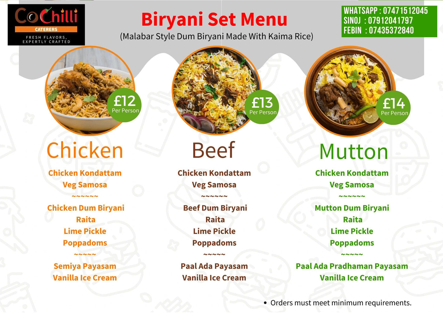 Biryani set menu for the events by cochilli caterers