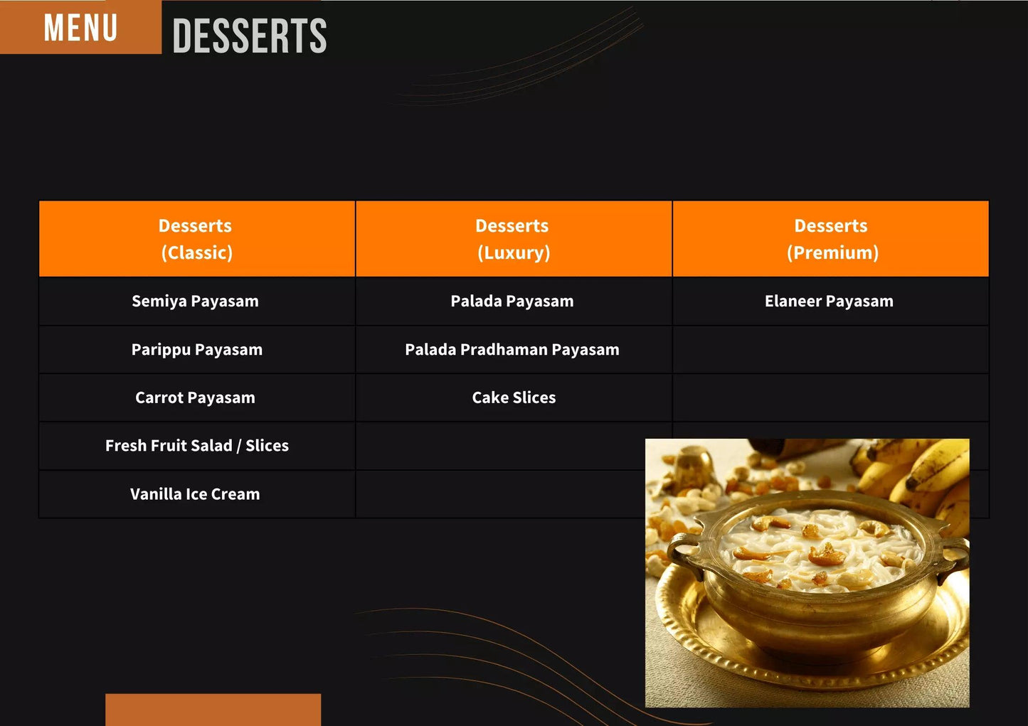 Desserts list for the events by Cochilli caterers