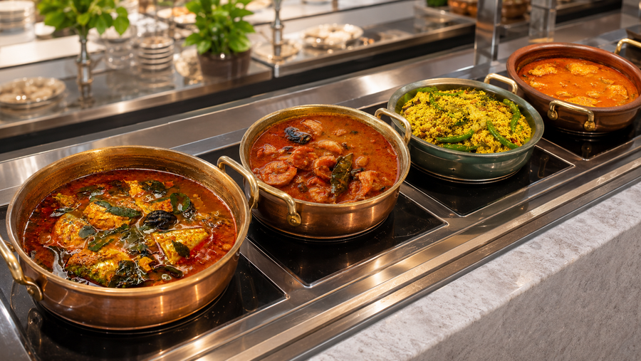 Kerala Kudampuli Red Fish Curry Base, buffet holding line