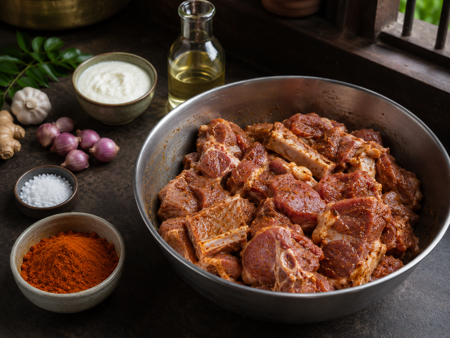 Kerala Varutharacha Curry Base, Marinate step