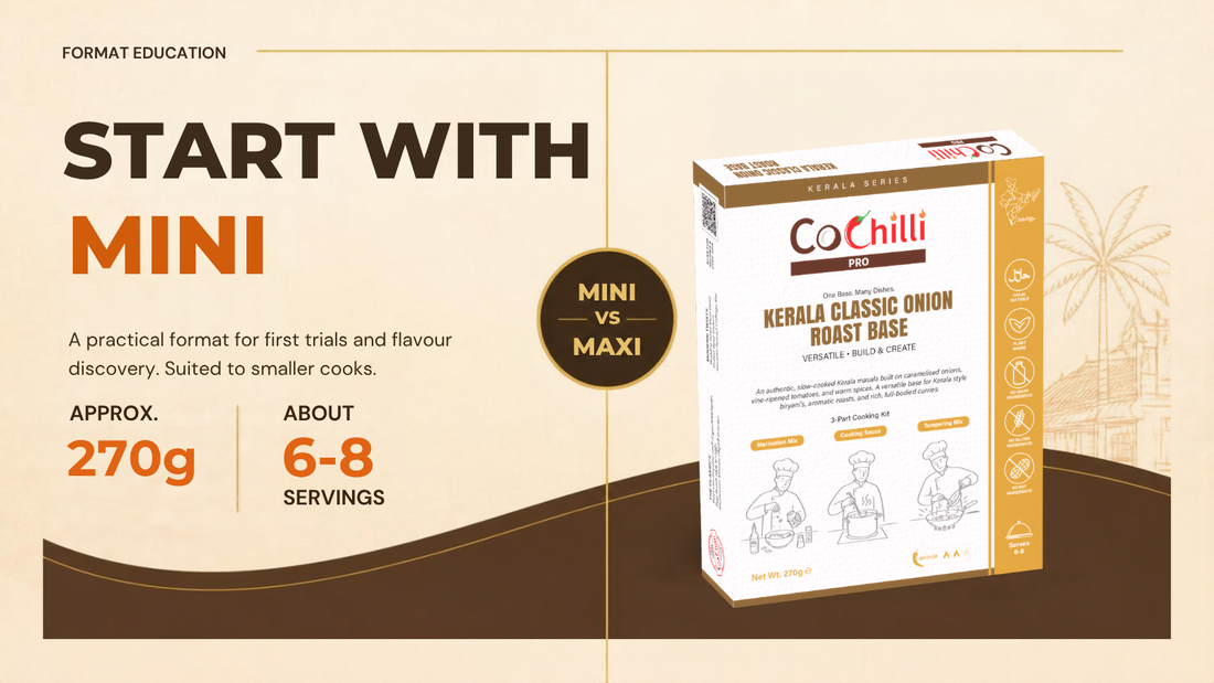 CoChilli Pro Kerala cooking system shown through approved product, ingredient or finished-dish photography in a 1600 by 900 educational banner for Start With Mini