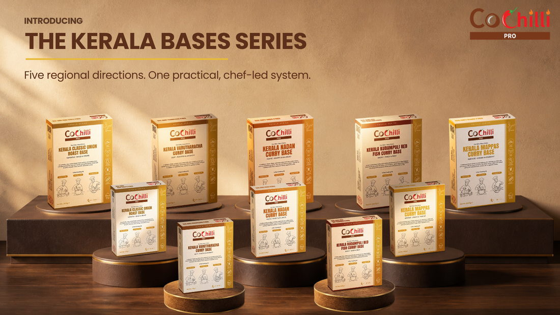 CoChilli Pro Kerala cooking system shown through approved product, ingredient or finished-dish photography in a 1600 by 900 educational banner for What Is The Kerala Bases Series?