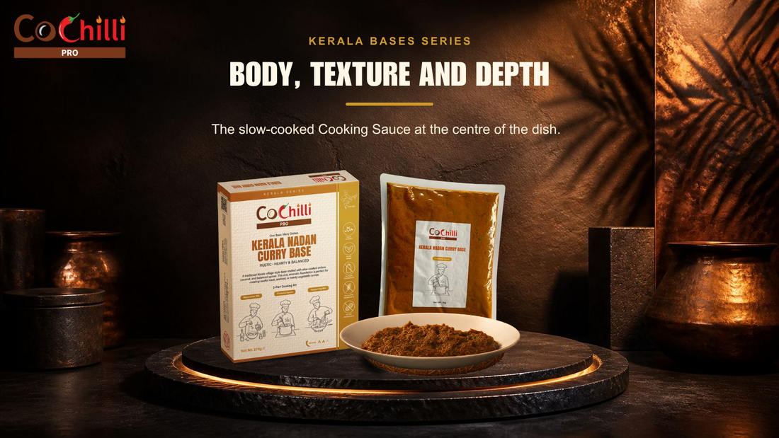 CoChilli Pro Kerala cooking system shown through approved product, ingredient or finished-dish photography in a 1600 by 900 educational banner for Cooking Sauce: Body, Texture And Depth