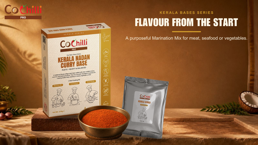 CoChilli Pro Kerala cooking system shown through approved product, ingredient or finished-dish photography in a 1600 by 900 educational banner for Marination Mix: Flavour From The Start