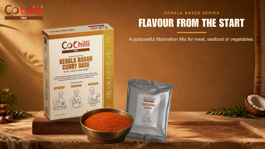 CoChilli Pro Kerala cooking system shown through approved product, ingredient or finished-dish photography in a 1600 by 900 educational banner for Marination Mix: Flavour From The Start