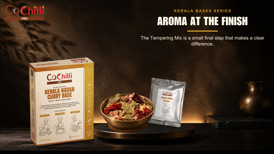 CoChilli Pro Kerala cooking system shown through approved product, ingredient or finished-dish photography in a 1600 by 900 educational banner for Tempering Mix: Aroma At The Finish