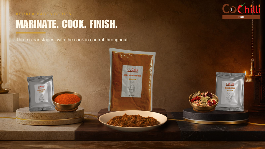 CoChilli Pro Kerala cooking system shown through approved product, ingredient or finished-dish photography in a 1600 by 900 educational banner for Marinate. Cook. Finish