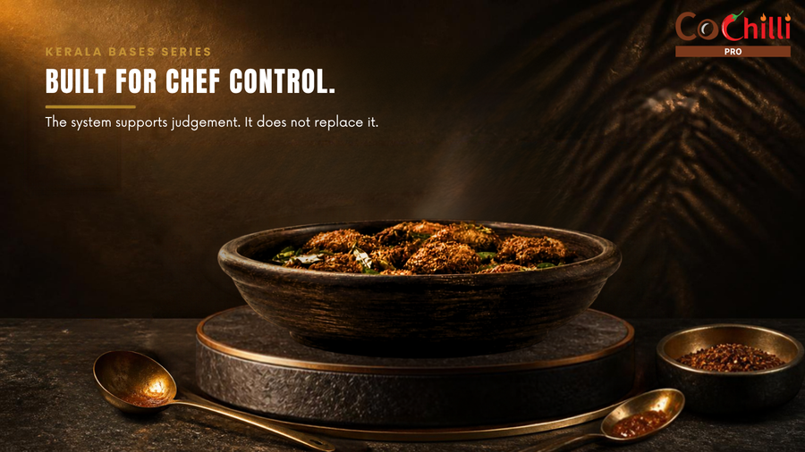 CoChilli Pro Kerala cooking system shown through approved product, ingredient or finished-dish photography in a 1600 by 900 educational banner for Built For Chef Control