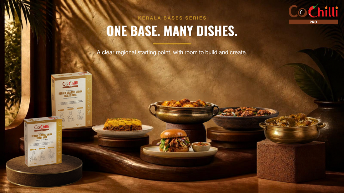 CoChilli Pro Kerala cooking system shown through approved product, ingredient or finished-dish photography in a 1600 by 900 educational banner for One Base. Many Dishes