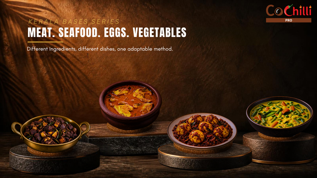 CoChilli Pro Kerala cooking system shown through approved product, ingredient or finished-dish photography in a 1600 by 900 educational banner for Meat. Seafood. Eggs. Vegetables