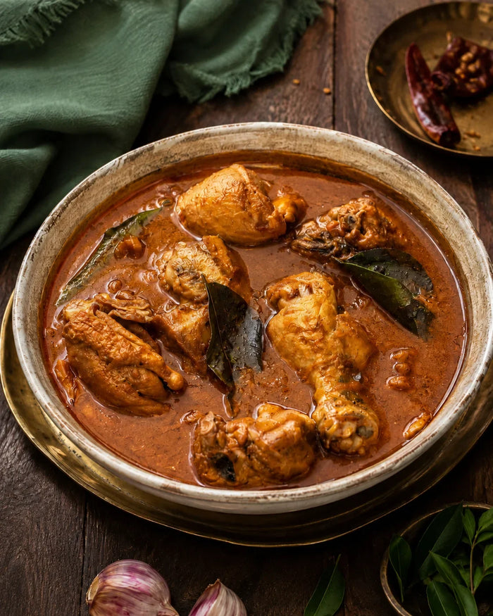 Nadan Chicken Curry with bone-in chicken in a coconut gravy, served with Kerala Matta rice