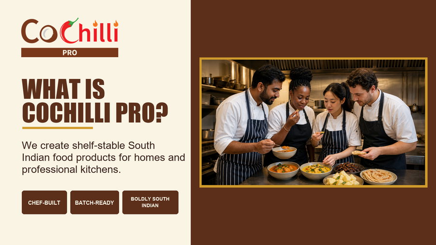 A multicultural team of chefs tasting South Indian dishes in a professional kitchen.