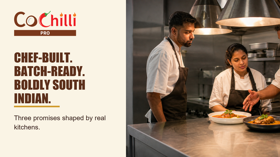 Two chefs plating South Indian dishes together in a professional kitchen.