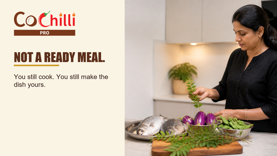 A home cook preparing fresh vegetables and herbs on a kitchen counter.