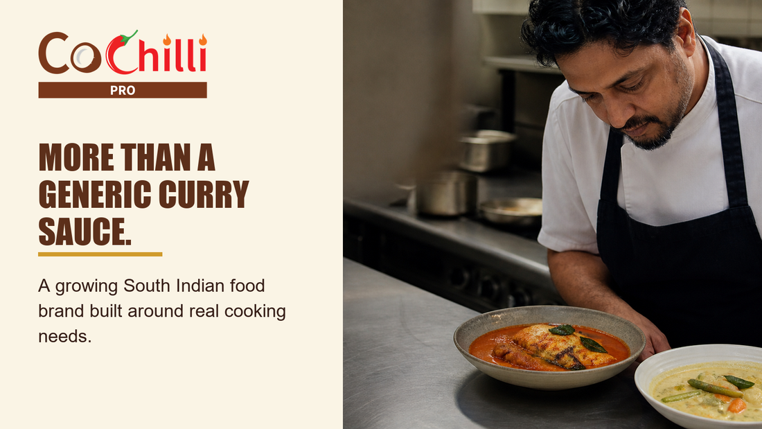 A chef presenting two South Indian curry dishes in a professional kitchen.