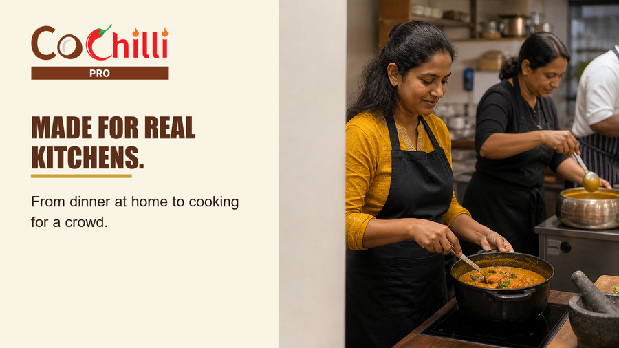 A home cook preparing curry while another cook works in a busy kitchen.