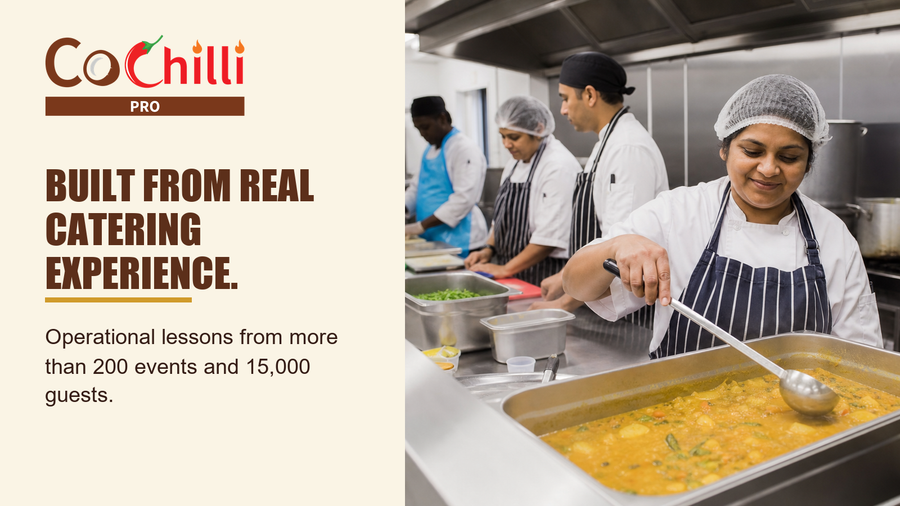 A catering team serving curry from a professional buffet counter.