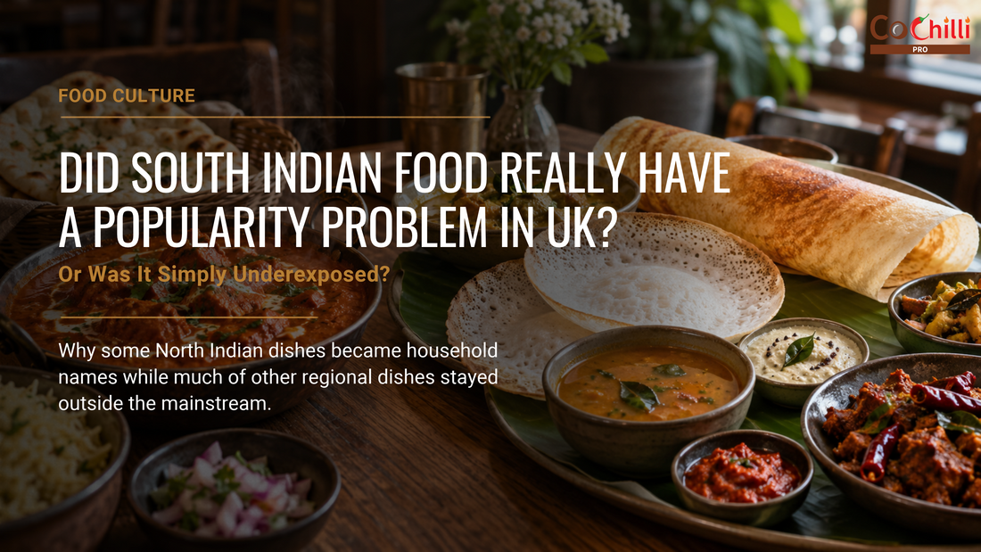 South Indian and North Indian dishes served together, illustrating the contrast in how regional Indian food became familiar in the UK. 