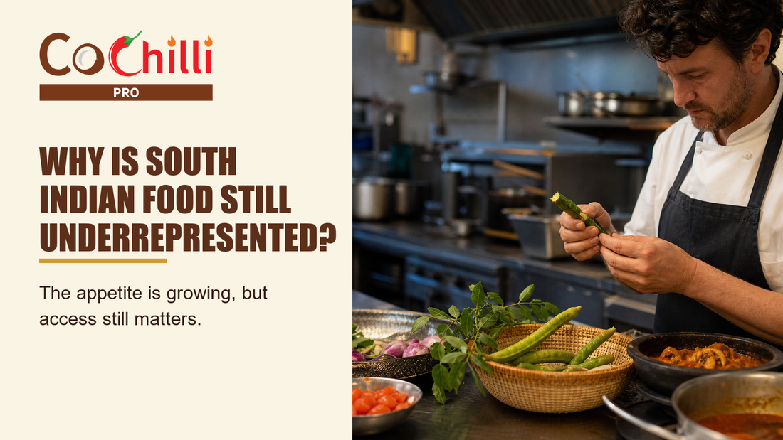 A chef holding okra beside fresh vegetables and South Indian dishes in a kitchen.