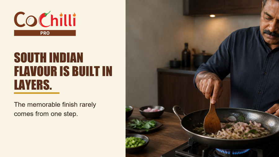 A chef stirring chopped onions and spices in a pan to build layers of flavour.