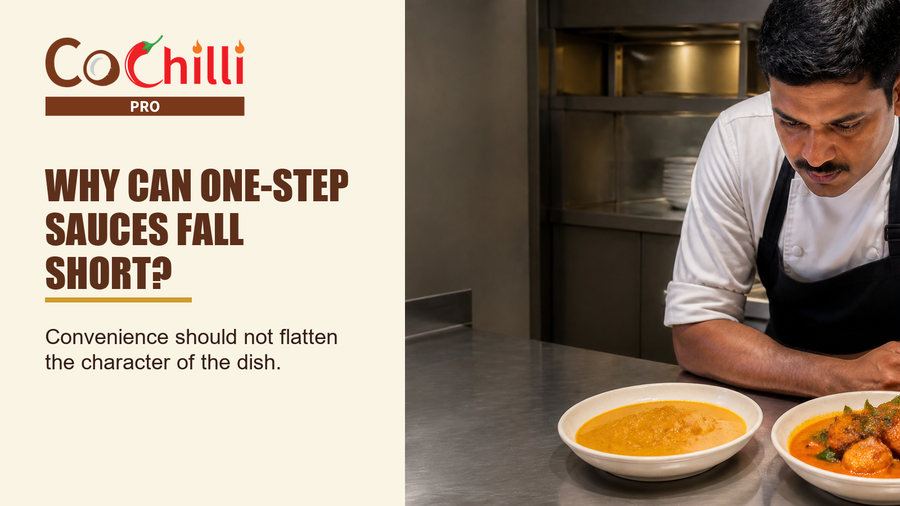 A chef comparing two curry dishes at the pass in a professional kitchen.