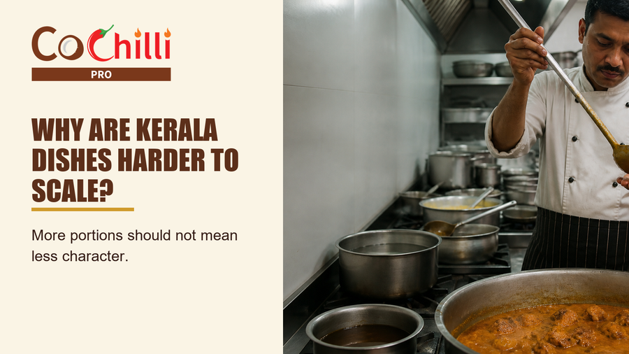 A chef stirring large cooking pots during service in a commercial kitchen.
