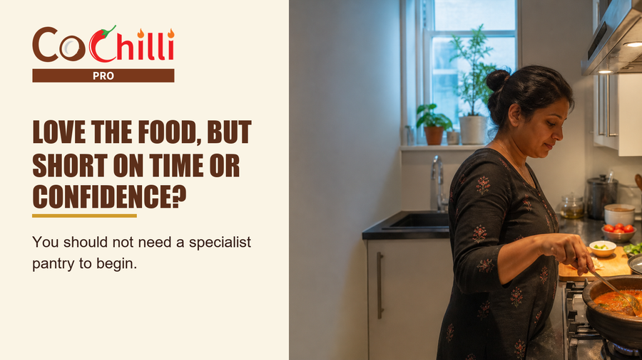 A home cook preparing South Indian food in a modern home kitchen.