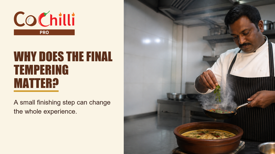 A chef adding a final tempering to a curry in a professional kitchen.