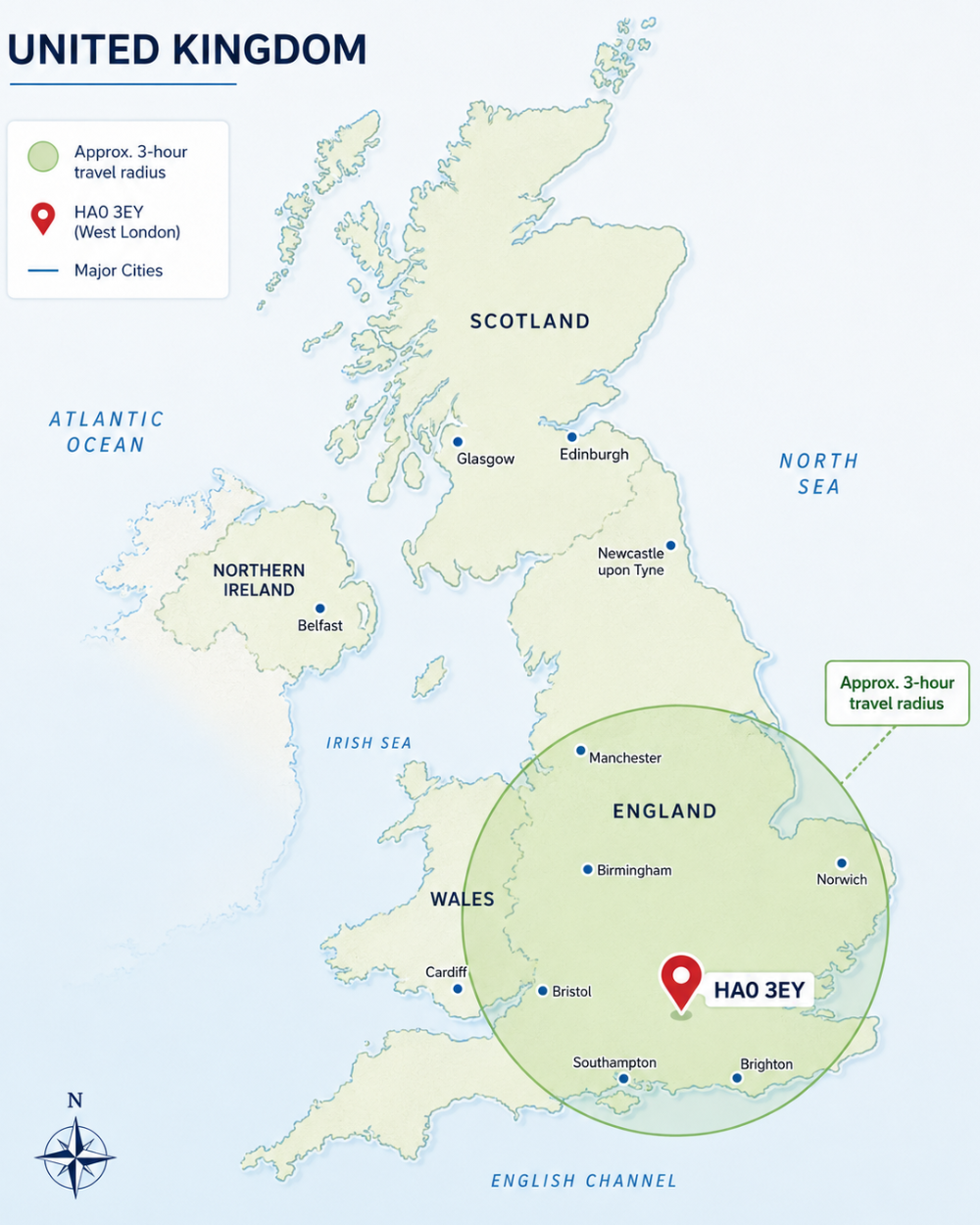 Map of the United Kingdom with travel radius indicated from HAO 3EY.