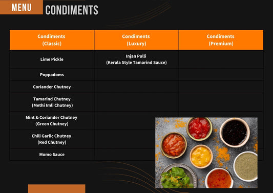 Condiments list for the events by Cochilli caterers