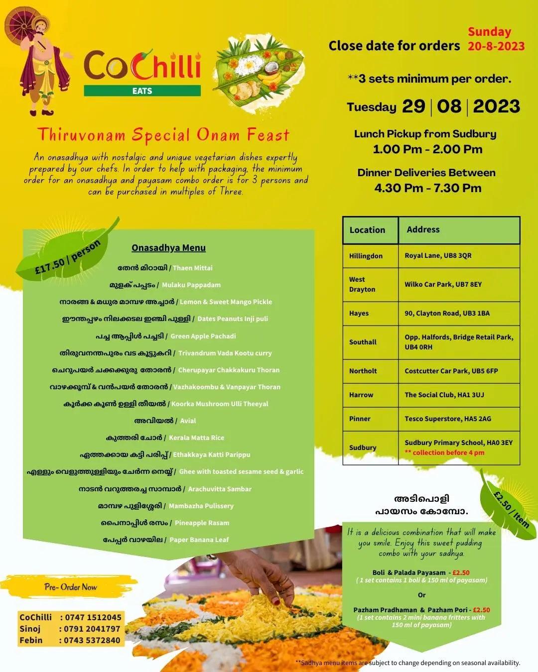 CoChilli Onam sadhya menu for 2023