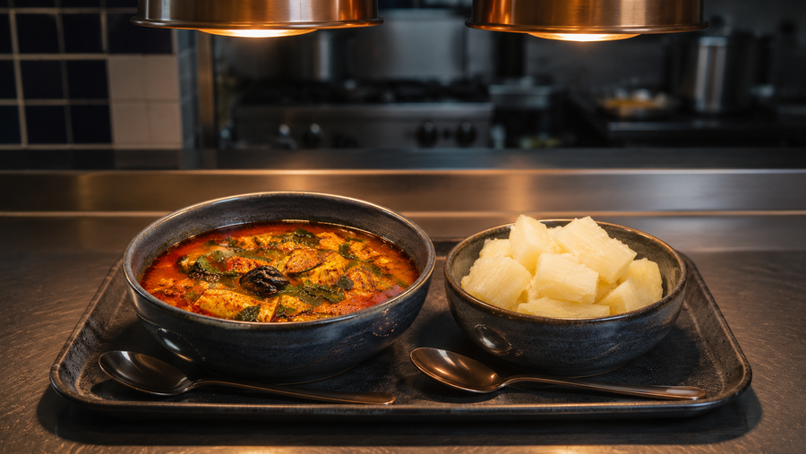 Kerala Kudampuli Red Fish Curry Base, pass-line plating
