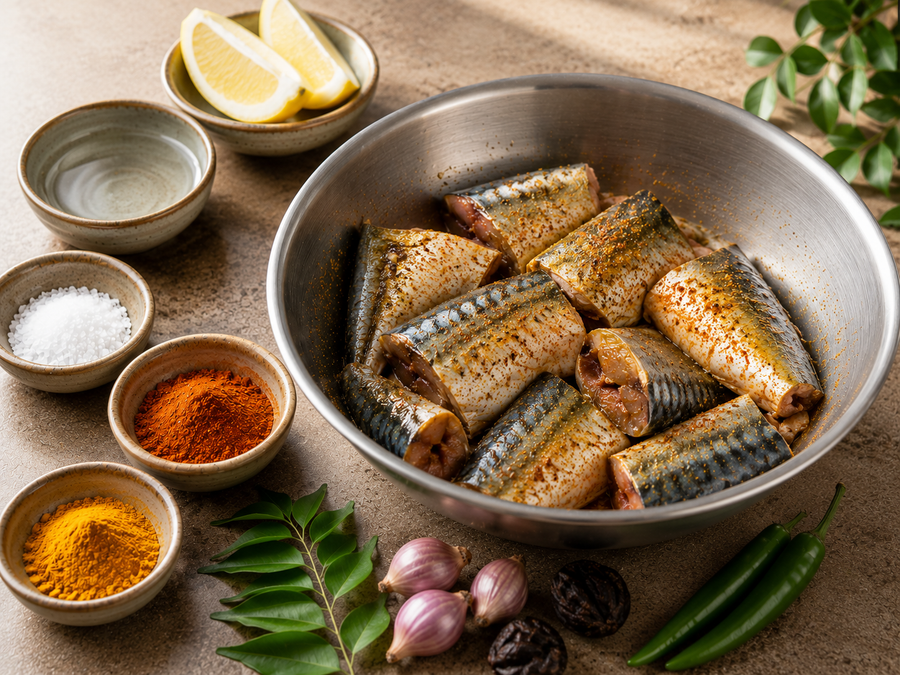 Kerala Kudampuli Red Fish Curry Base, Marinate step